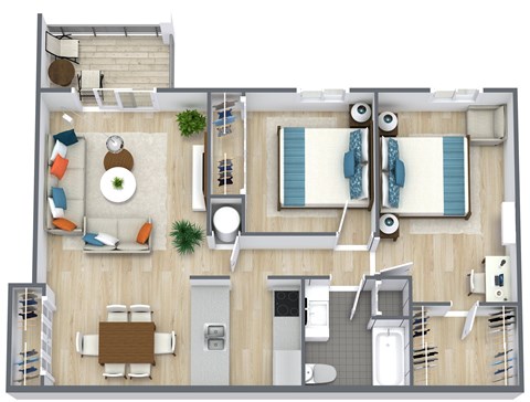 Floor plan for 2 beds, 1 bath, 960 sqft